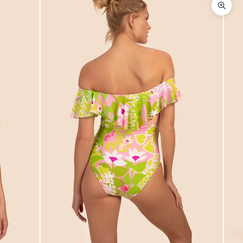 Trina Turk Pink Green La Palma Off The Shoulder One Piece S Swimsuit Bodysuit - Picture 2 of 7